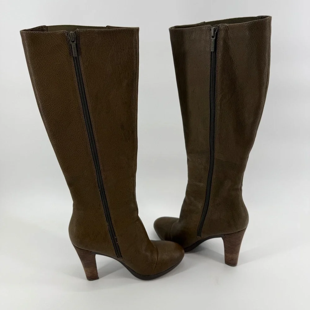 TSUBO Knee High Boots Womens 7 Tarian Olive‎ Green Leather Side Zip Block Heel